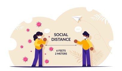 People in microbicide masks observe a social distance to prevent infection with the covid virus. Modern flat vector illustration isolated on white background.