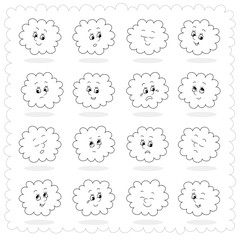 Set of funny rainy cloud emoticons with smiling, sad and many other faces of toy characters with different emotions, black and white vector cartoon illustrations