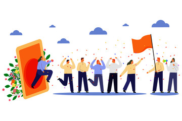 Design of referral marketing. Group of people or customers holding hands and walking out of door. promotion method vector