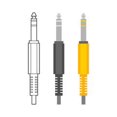 Various electronic wire connectors and inputs, jacks and plugs vector icon set. Three versions of one type of connectors - outline, monohrome and colorful