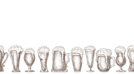 seamless beer background isolated on white. hand drawn sketch vector illustration. endless beer border, frame with various glasses in vintage engraved style. pub banner, flyer template, poster design.