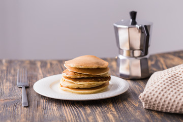 Homemade american pancakes. Healthy morning breakfast. Rustic style