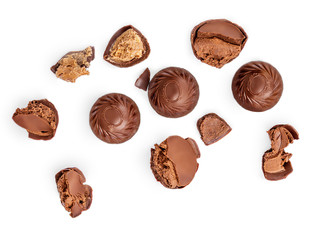 Creative layout made of Chocolate praline candies  isolated on white background. Candies collection. Top view. Flat lay.