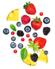 Fresh berries isolated on white background, top view. Strawberry, Raspberry, Blueberry and Mint leaf, flat lay..