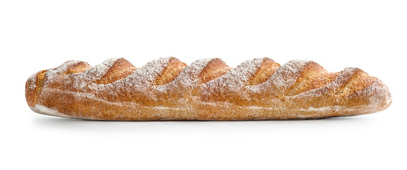 Freshly baked bread baguette isolated on white background, top view. Food concept..