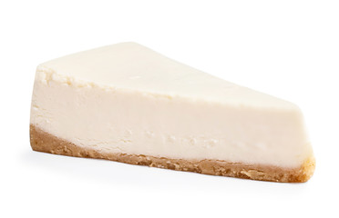 Classic Plain New York Cheesecake isolated on white background. Homemade Cheese Cake close up.