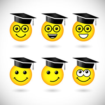 Set of graduation icons. Class Off logotype. Isolated abstract graphic design template. White paper sticker, smile signs with glasses. Creative 3D symbol. Internet messenger emblems with academic hat.