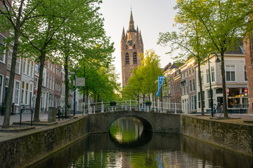 The 'Oude Jan' church viewed from the canal Delft.