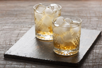 Whiskey with ice in an old fashioned glass