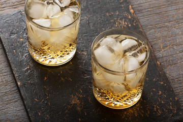 Whiskey with ice in an old fashioned glass