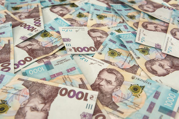 Top view background with  new banknote of Ukraine 1000, UAH.