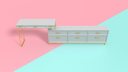 INTERIOR WHITE WOODEN FURNITURE WITH GOLDEN STAND ON TWO COLOR BACKGROUND 3D RENDERING