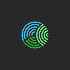 Organic farm logo circle shape, abstract two leaves and sky eco symbol, lines monogram