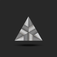 Logo metal triangle futuristic element, complex composite sectional structure with machined steel texture