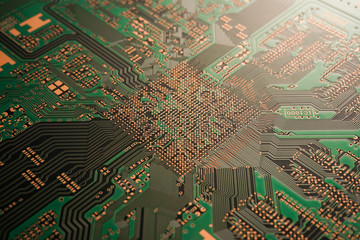 A close-up of Green coloured Solder resits Printed circuit board (PCB) with no component mounted...