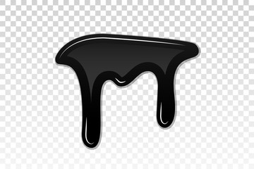 Drip paint 3D. Ink stain. Drop melt liquid isolated on white transparent background. Splash of chocolate, oil, blood. Black graffiti. Splatter syrup, candy sauce, caramel. Vector illustration