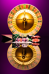 Casino set with Roulette, cards, dice and chips