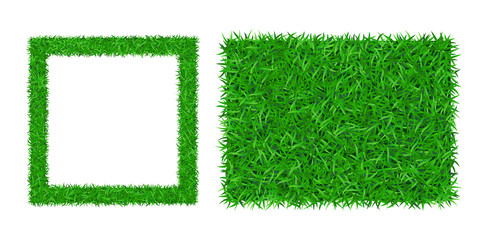 Obraz na płótnie Canvas Green grass frame, copy-space 3d set. Square rectangle border template isolated white background. Abstract plant texture. Symbol environment, nature, fresh, ecology Organic design. Vector Illustration
