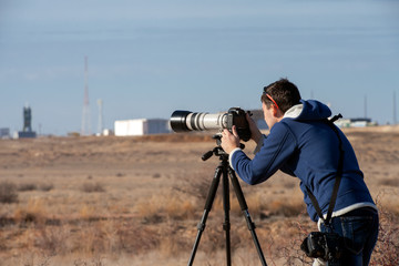Baikonur, Russia - 10.23.12: Photographer shoot rocket launch