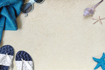 Fototapeta na wymiar Summer background concept with towel, slipper, sunglasses and seashell.