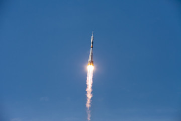 Baikonur, Russia - 10.23.12: Rocket Soyuz in the blue sky