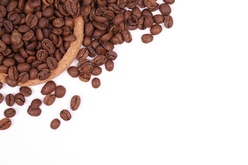 Coffee beans isolated on a white background. Top view. Medium, high and light degree of roasting grains.