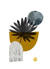Fotobehang Moderne exotische illustratie met tropisch palmblad, korrelige grungetexturen, krabbels, minimale elementen © Tanya Syrytsyna