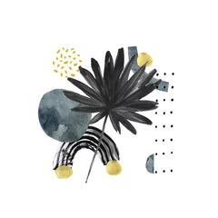 Foto op Plexiglas Grafische prints Moderne exotische illustratie met tropisch palmblad, korrelige grungetexturen, krabbels, minimale elementen