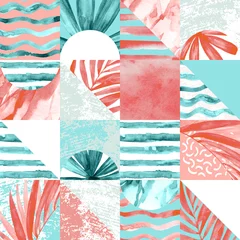 Tapeten Geometrisches minimales nahtloses Muster mit Quadraten, Dreiecken, Form, tropische Blätter des Aquarells © Tanya Syrytsyna
