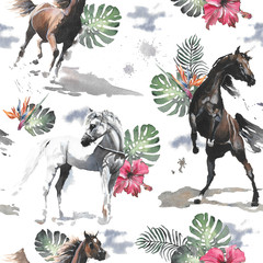 Hand drawn watercolor illustration. Cute cartoon  seamless pattern. White and dark brown wild horses. Exotic flower, horse on the white background for cloth, linen, wallpaper or other texture.  © AnnaAngelPrincess