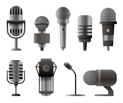 Microphone set in realistic style. Microphones for audio podcast broadcast. illustration isolated on white background