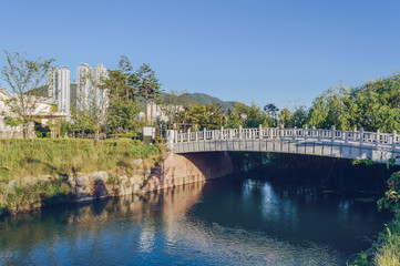 view of pond and bridge across it in park