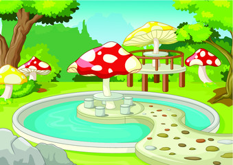 Beautiful Park View With Water Pool, Mushroom Building, and Trees Cartoon
