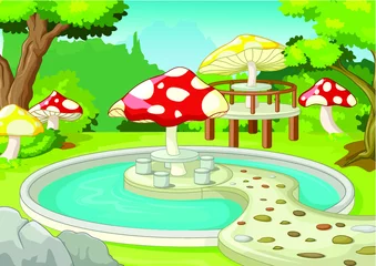 Foto op Canvas Beautiful Park View With Water Pool, Mushroom Building, and Trees Cartoon © ayub
