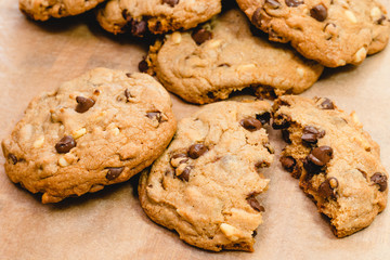 Chocolate chip cookies with pine nuts. Homemade old-fashioned Chocolate Chip Cookies close up. American cuisine, dessert