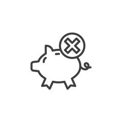 Piggy bank with cross sign line icon. linear style sign for mobile concept and web design. Failed investment outline vector icon. Symbol, logo illustration. Vector graphics