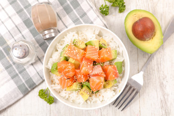 bowl of rice, avocado and salmon