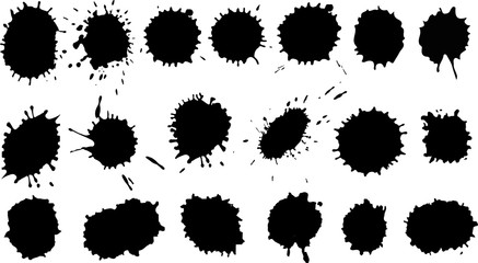 Ink splash collection.Set of black ink blots. Black grunge splatter, spray effect and spray paints. Street art texture, paint silhouettes, vandalism grunge elements, circles and dots. Vector.