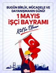 (Turkish: 1 mayis emek ve dayanisma günü, isci bayrami kutlu olsun. Kutlama tebrik karti) Happy Labor Day 1st may and solidarity day celebration card.