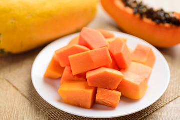 Sliced ripe papaya fruit on white plate ready to eating, Tropical fruit