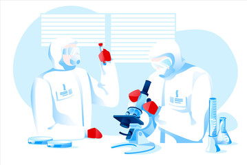 Two scientist in protection suits making research vaccine for pandemic isolated white background