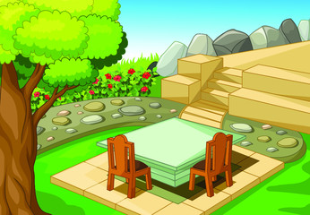 Beautiful Landscape Park With Table, Chair, and Ivy Flowers Cartoon