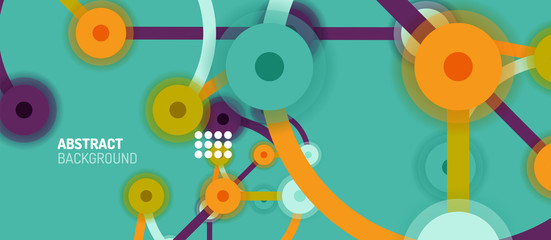 Flat style geometric abstract background, round dots or circle connections on color background. Technology network concept.