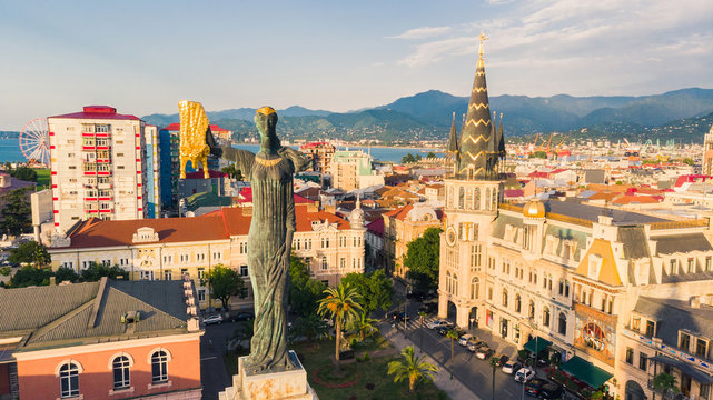 Monument to Medea on Europe Square in Batumi, Georgia, aerial view.