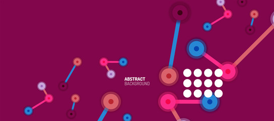 Flat style geometric abstract background, round dots or circle connections on color background. Technology network concept.