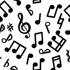 Abstract music seamless pattern of music notes. Black and white music background. Vector illustration melody.