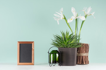 Fresh spring interior with green aloe, candlestick, decorative sheaf of brown twigs, blank photo frame, black books, white flowers on  green mint menthe wall, white wood table.
