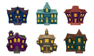 Fototapeta premium Gloomy Houses with Shiny Yellow Windows Vector Set