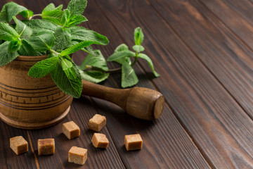 Mint leaves in wooden mortar. Brown sugar on table.