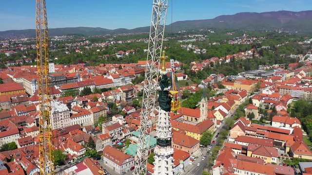 Zagreb Cathedral North Tower, damaged in Earthquake, preparing for controlled demolition by alpinists - Aerial Drone View